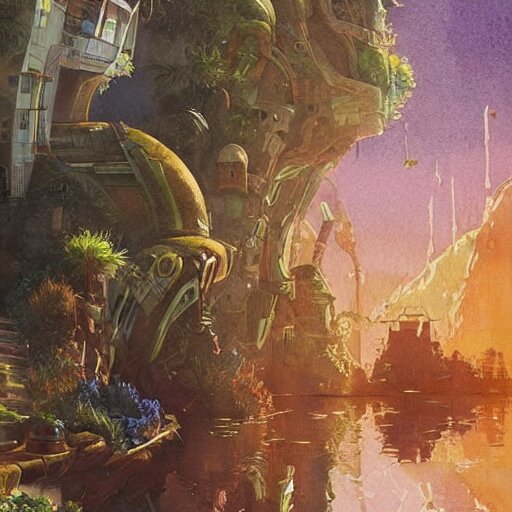 Beautiful happy picturesque charming sci-fi town in harmony with nature. Beautiful light. Water and plants. Nice colour scheme, soft warm colour. Beautiful detailed artistic watercolor by Vincent Bons. (2022)