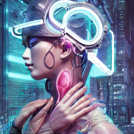 the portrait of an absurdly beautiful, graceful, sophisticated, fashionable cyberpunk gynoid gravure idol, an ultrafine hyperdetailed illustration by kim jung gi, irakli nadar, intricate linework, neon colors, porcelain skin, unreal engine 5 highly rendered, global illumination, radiant light, detailed and intricate environment 