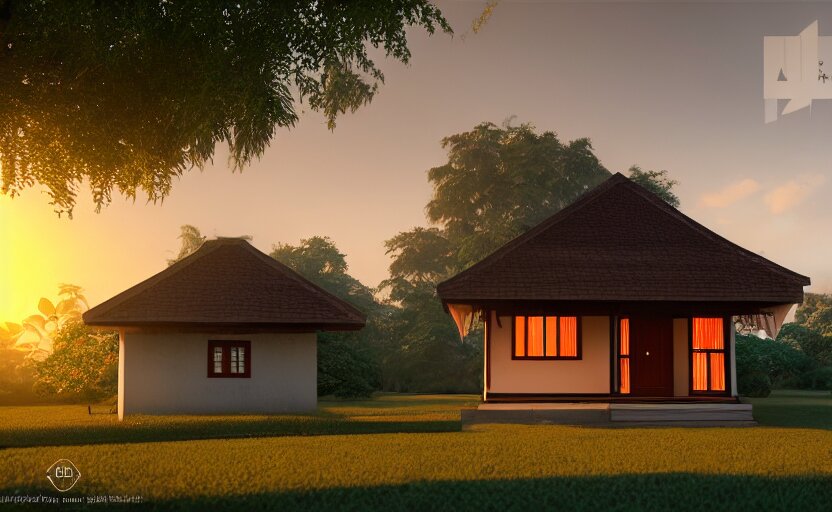 a beautiful small assam type house at sunrise, guwahati, concept art, octane render, unreal engine 5, trending on artstation, high quality, 8 k, soft lighting, path traced, hyperrealistic, highly detailed, digital art, symmetrical, cinematic, high coherence, godrays 