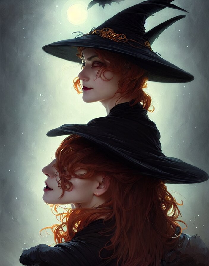 halloween witch woman in a hat smiles, fantasy magic, undercut hairstyle, dark light night, intricate, elegant, sharp focus, illustration, highly detailed, digital painting, concept art, matte, art by wlop and artgerm and greg rutkowski and alphonse mucha, masterpiece 