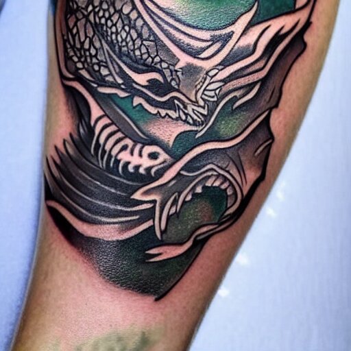 Tattoo of a dragon starting from the elbow, wrapping around the wrist in a downward spiral, emerald placed inside of the dragons mouth, forearm tattoo