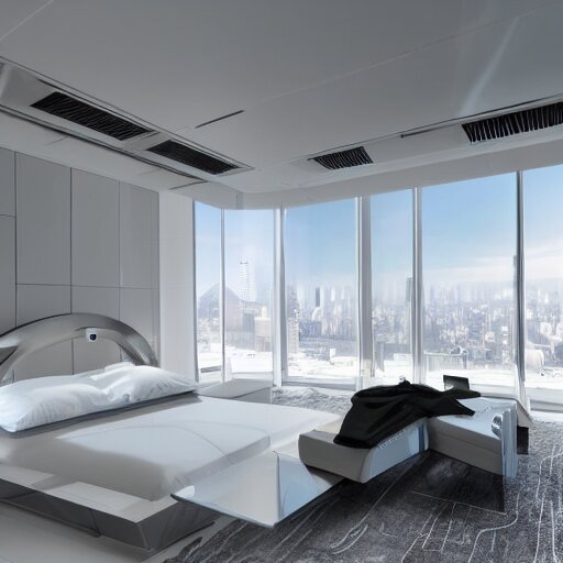 a futuristic luxury white bedroom with ceiling high windows looking out to a cyberpunk cityscape