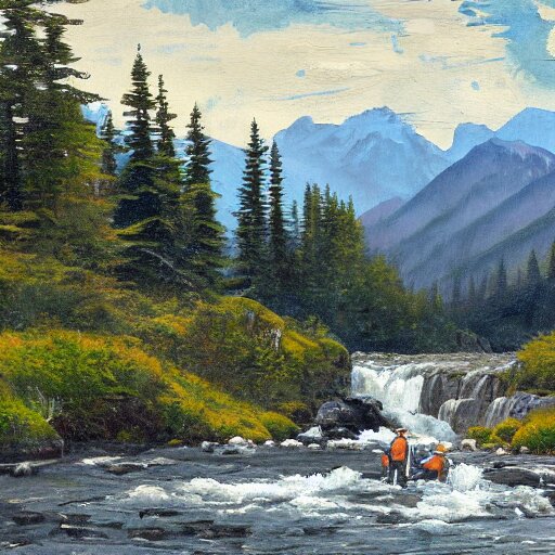 tardigrade fishing for salmon at Brooks Falls in Alaska, landscape painting by Moran and George Caitlin