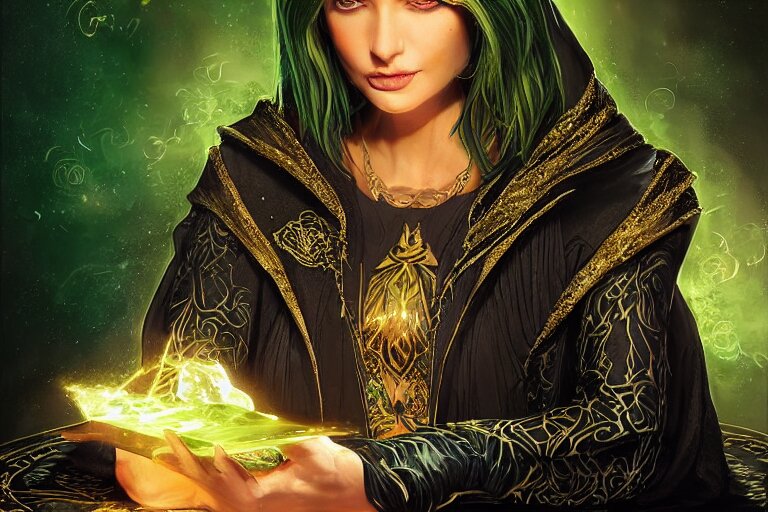 a beautiful sorceress wearing a black robe with gold embroidery, sitting at table, casting a spell, green glows, painted by stefan kostic and artgerm, in the style of magic the gathering, highly detailed digital art 