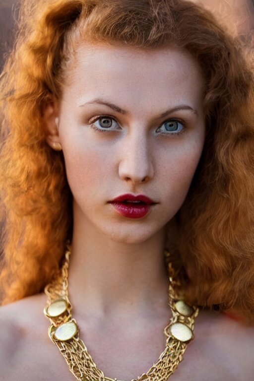 vintage photograph of an olive skinned female model with strawberry blonde hair in her twenties, her hair pinned up, wearing a designer top and one gold standard chain necklace, looking content, focused on her neck, photo realistic, extreme detail skin, natural beauty, no filter, slr, golden hour, 4 k, high definition, selfie 