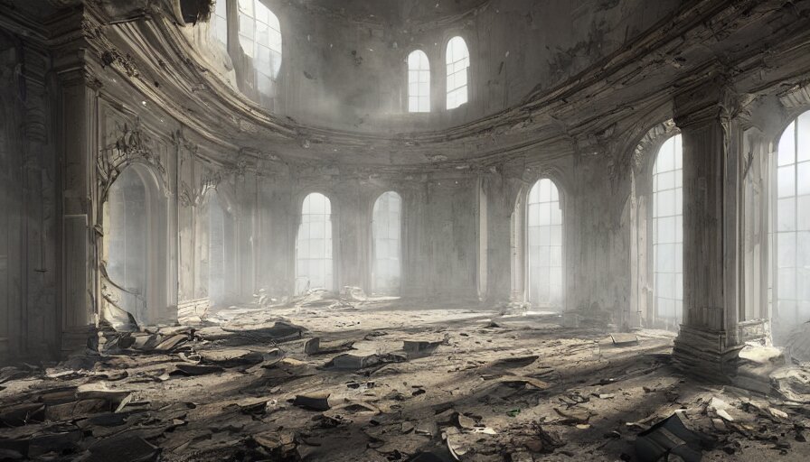 abandoned capitol with cobwebs, dusty dirty floor, collapsed ceiling, flying dust particles, light through, hyperdetailed, artstation, cgsociety, 8 k 