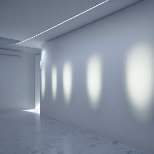 : abstract paintings on wall in white art studio with modern architecture cinematic lighting, hyper - realistic, detailed, render by c 4 d octane, unreal engine, 8 k 3 d render 