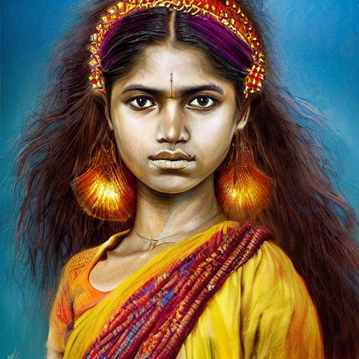 stunning, breathtaking, awe - inspiring award - winning concept art portrait painting by steve mccurry of a beautiful young hindu woman warrior with short, wavy hair, wearing a colorful sari 