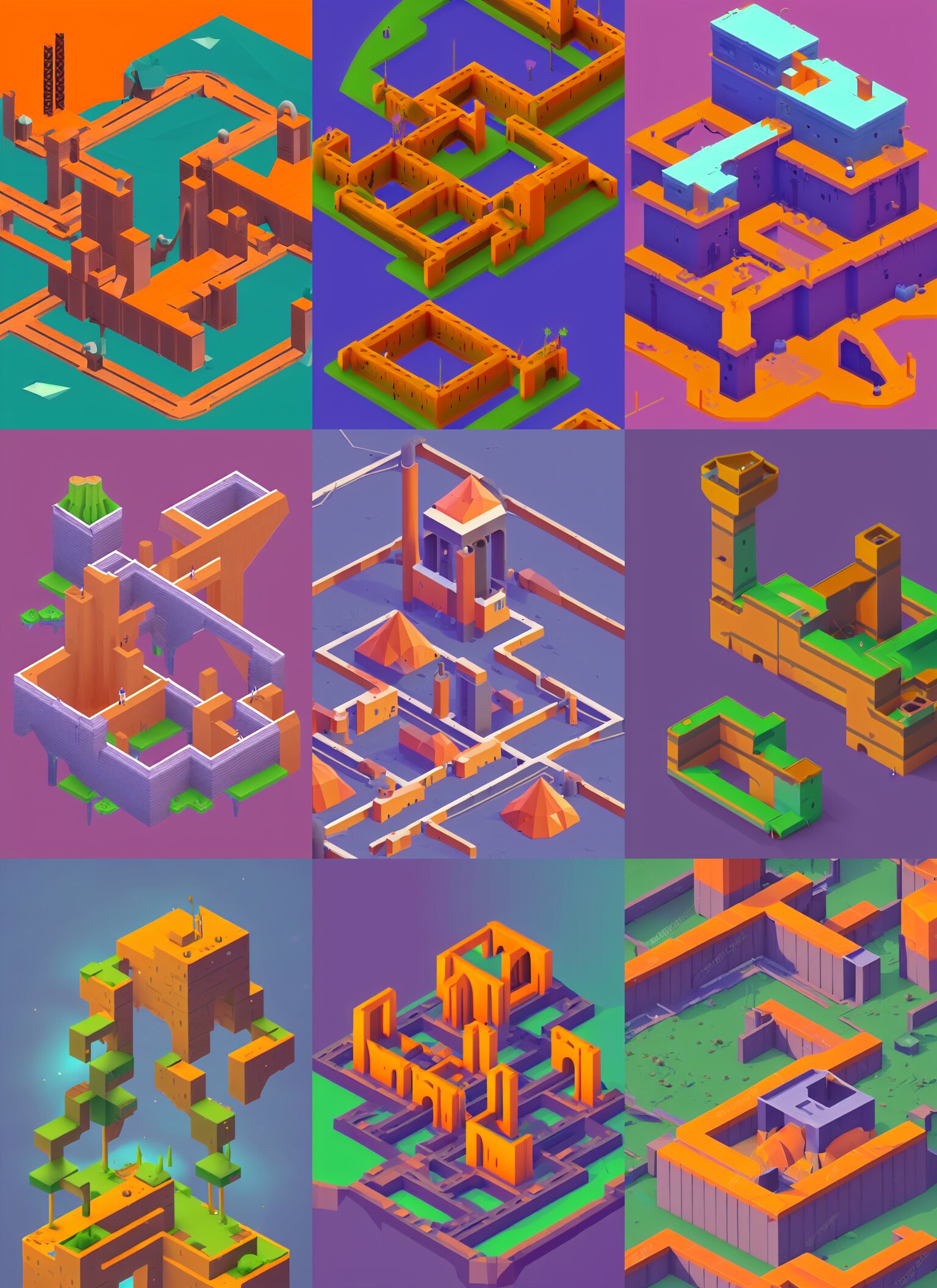 an low poly isometric abandoned overgrown factory in the style of monument valley, orange and purple color scheme 