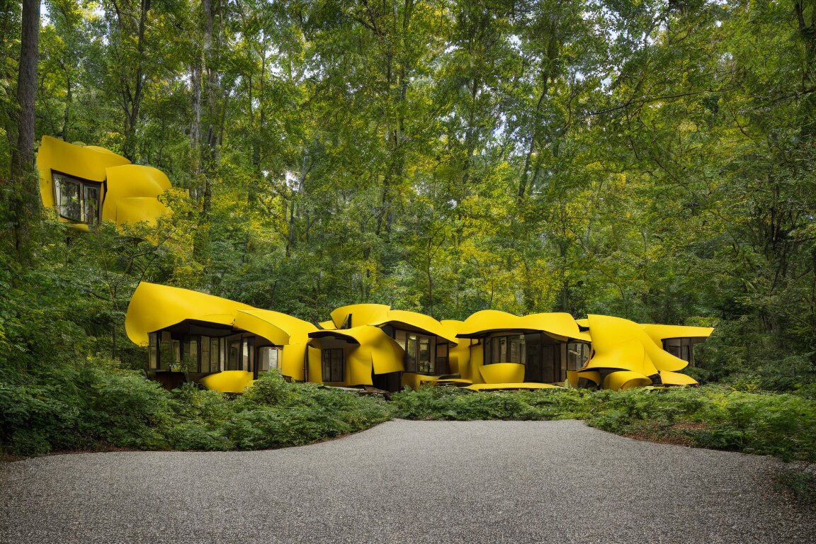 a mid century modern house in a forest, designed by Frank Gehry. Tiles. Small gravel driveway . Film grain, cinematic, yellow hue