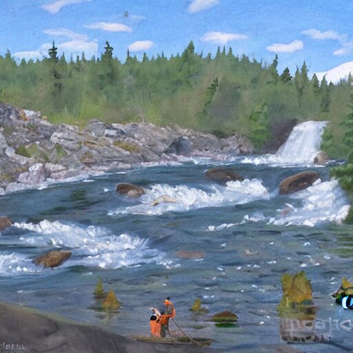 tardigrade fishing for salmon at Brooks Falls in Alaska, landscape painting by Moran and George Caitlin