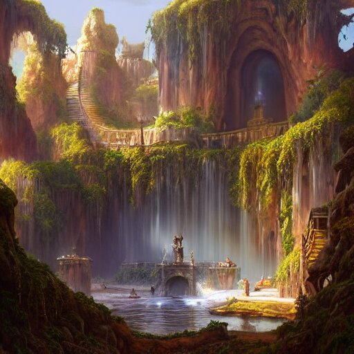 A beautiful hyper realistic detailled matte painting of the dungeon of the gods with a magic water well of Bronze energy, daylight, barometric projection, by andreas rocha john howe, and Martin Johnson Heade, featured on artstation, featured on behance, ultrawide angle