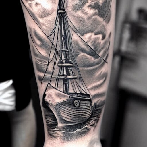 realism tattoo design of a pirate ship, by Matteo Pasqualin tattoo artist, on white paper