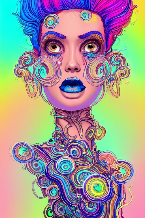 a award winning portrait of a beautiful woman with stunning eyes in a one off shoulder croptop and cargo pants with rainbow colored hair, outlined by whirling illuminated neon lines and fine lines swirling in circles by joe fenton, digital art, trending on artstation 