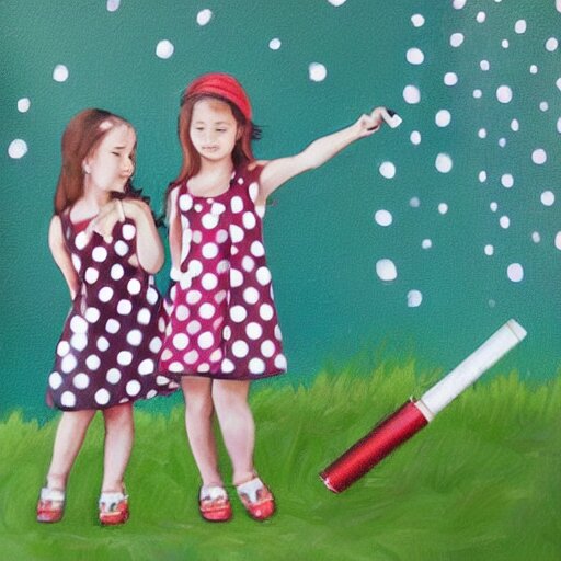 two little girls wearing polka dot dresses are smoking a big joint together behind the school building, realistic painting 