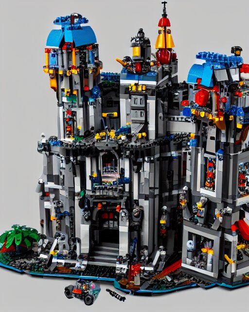 a high quality photograph of an intricate complex lego set of a realistic cyberpunk castle