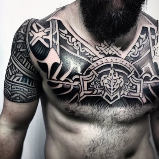 medium shot of a gladiator wearing a galea, tattoo, tattoo art, Black and grey tattoo style