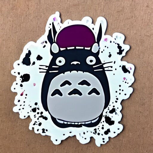 die cut sticker, totoro with princess mononoke mask, splatter paint 