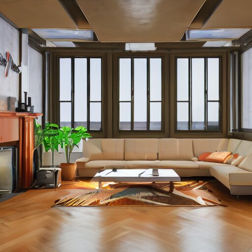 Sci fi living room engine room, electric wallpaper, unreal engine 5 tech demo, zillow interior, cool tint, metallic reflective, octane render, Frank Lloyd Wright ((Studio Ghibli))