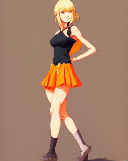 blond woman in an orange ripped mini dress, by artgerm, by studio muti, greg rutkowski makoto shinkai takashi takeuchi studio ghibli 