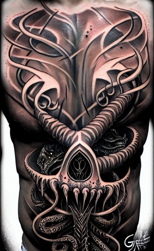 chest tattoo cthulhu by greg rutkowski, by giger, by maxim verehin 