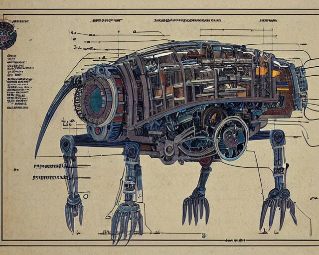 a full page of a mechanical blueprint showing a design for a mechanized sloth from howl's moving castle ( 2 0 0 4 ), with a big head, muted colors, post grunge, studio ghibli, hq, 