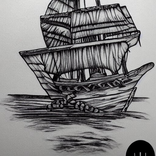 pirate ship on a deserted island, realism tattoo drawing, hyper realistic, shaded