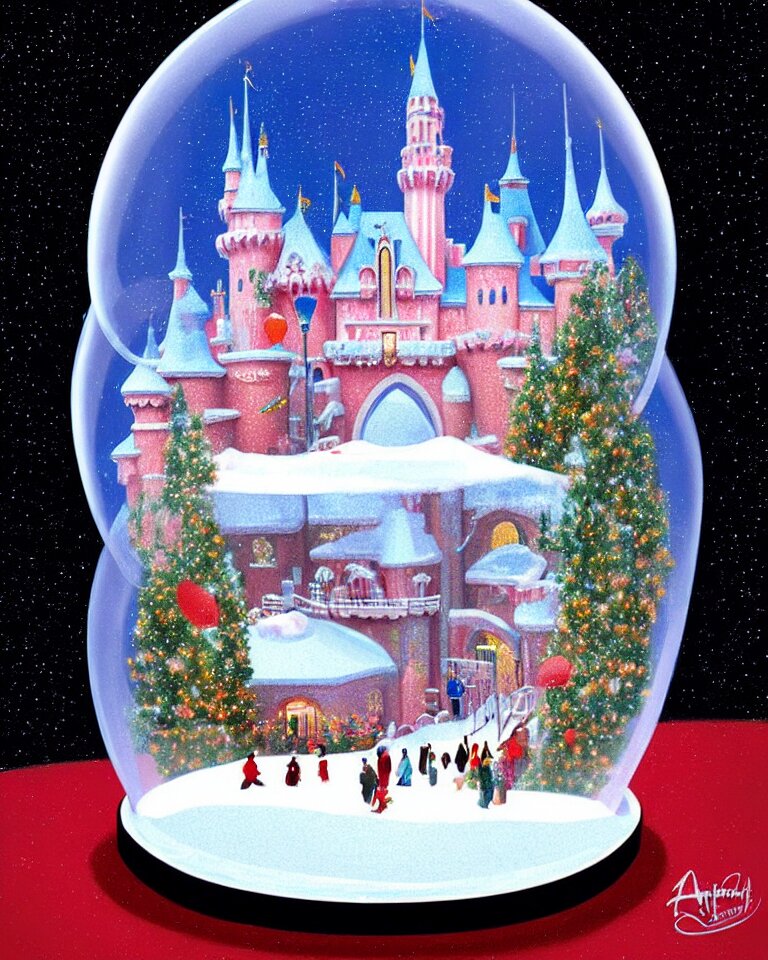 an achingly beautiful print of one cylindrical snow globe with disneyland inside by raphael, hopper, and rene magritte. detailed, proportional, romantic, vibrant, enchanting, trending on artstation 