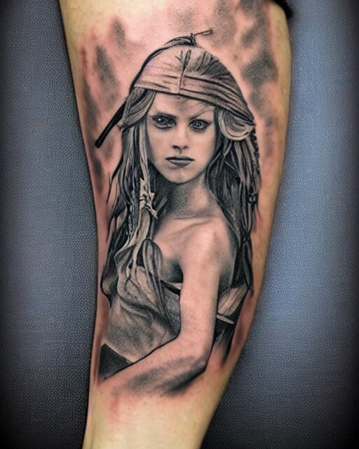 A beautiful woman warrior, faded background of a pirate ship at a deserted island, realism tattoo drawing, hyper realistic, shaded