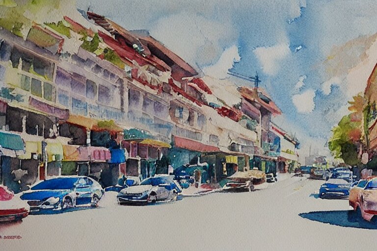 !! watercolor!! penang road in a sunny day, artwork by tooth wu, colorful contrast,!! very coherent!!, dark shadow, thick lineart 