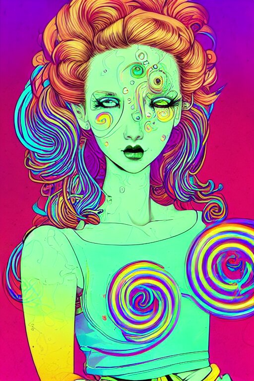 a award winning portrait of a beautiful woman with stunning eyes in a one off shoulder croptop and cargo pants with rainbow colored hair, outlined by whirling illuminated neon lines and fine lines swirling in circles by joe fenton, digital art, trending on artstation 