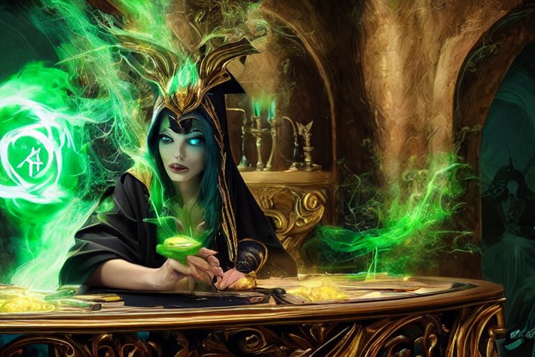 a beautiful sorceress wearing a black robe with gold embroidery, sitting at table, casting a spell, green glows, painted by stefan kostic and artgerm, in the style of magic the gathering, highly detailed digital art 