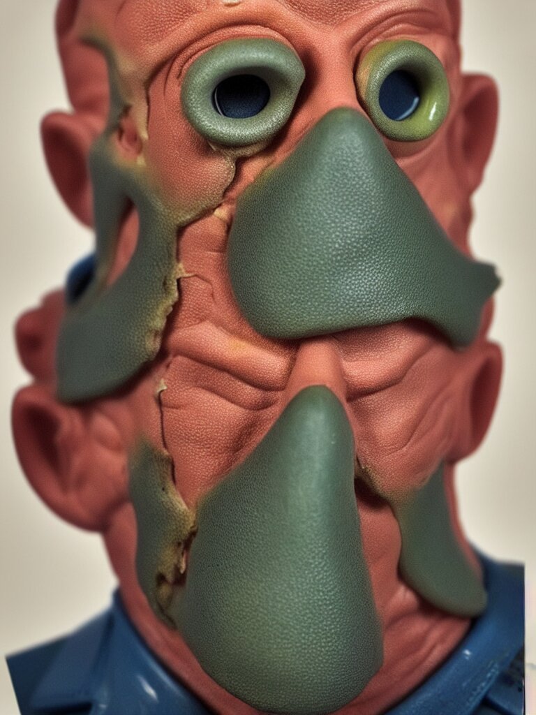 in pixar style, a perfect colour portrait of a policeman. his leathery squidlike skin is contracting rapidly and ripping. leaking pva glue from the fissures in his stressed, agonising skin. brightly lit studio lighting 