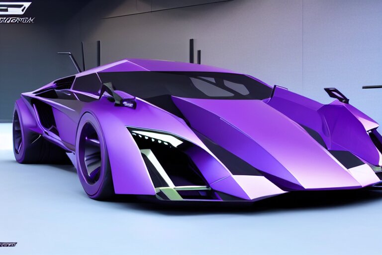 cyberpunk purple lamborghini concept inspired sports car, futuristic look, highly detailed body, very expensive, photorealistic camera shot, bright studio setting, studio lighting, crisp quality and light reflections, unreal engine 5 quality render 