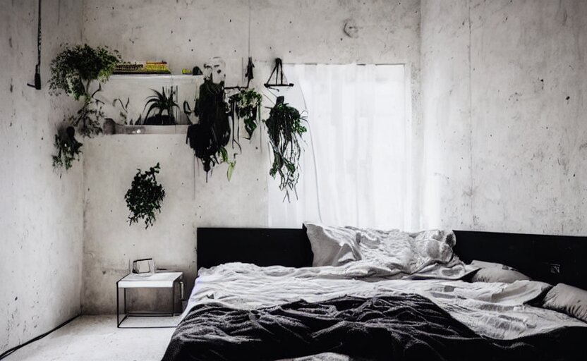 berlin style compact bedroom interior, concrete, punk design, bed, neon lights, modernism, white, beige, black, minimalism, blackboard, industrial, pipes, little windows, plants 