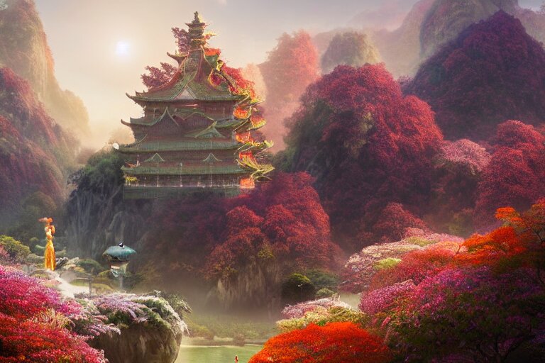 A large glowing Chinese temple, daybreak morning lighting, amazing cinematic concept painting,  by Jessica Rossier, Gleaming White, overlooking a valley, Himeji Rivendell Garden of Eden, autumn maples, wildflowers and grasses, terraced orchards and ponds, lush fertile fecund, fruit trees, by Brian Froud by Beksinski