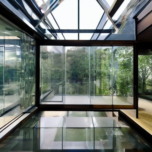 a house made entirely of glass. glass furniture, glass walls, glass ceiling, glass floor, glass decor, glass people 