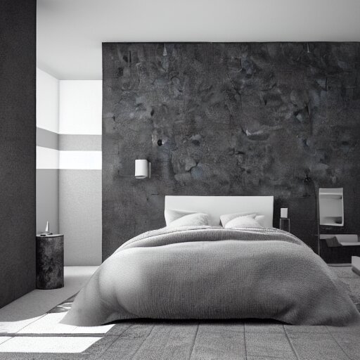 brutalist bedroom, big windows, minimalist architecture, minimalist furniture, octane render, high quality, 8 k, post production 