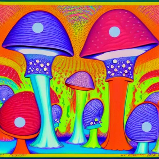 a colorful fractal 3 d mushroom in a psychedelic world, peace and love, by peter max and mark ryden 