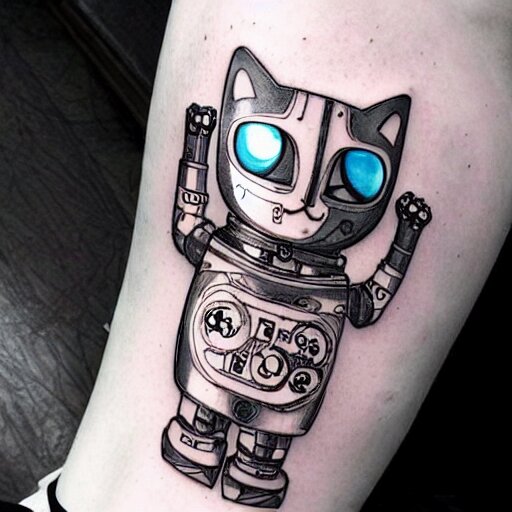 Anime manga robot!! cat tattoo, cyborg cat, exposed wires and gears, fully robotic!! cat, manga!! in the style of Junji Ito, Hayao Miyazaki and Naoko Takeuchi, cute!! chibi!!! cat, tattoo on upper arm, arm tattoo