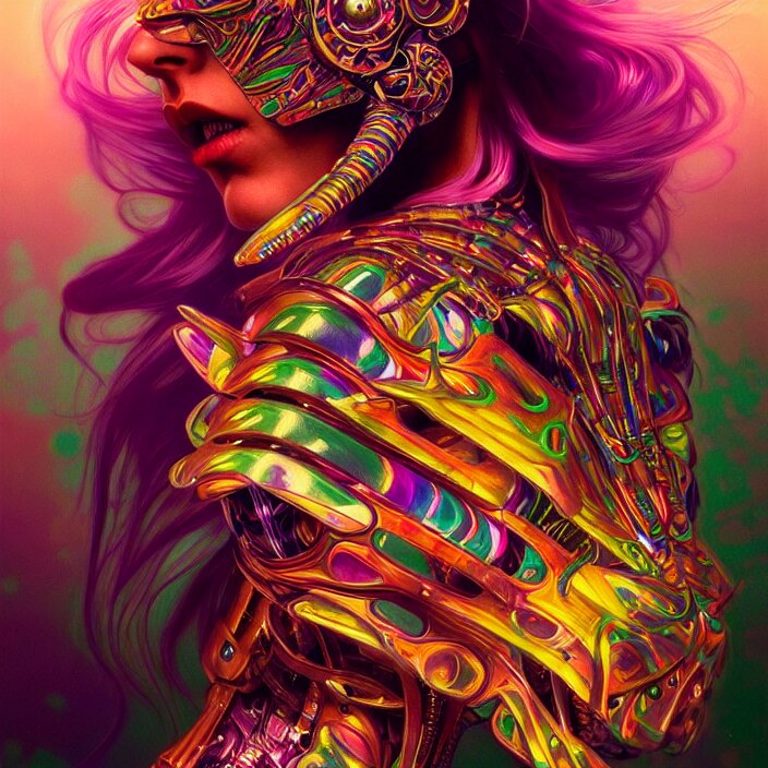 bright psychedelic animal cyborg, diffuse lighting, fantasy, intricate, elegant, highly detailed, lifelike, photorealistic, digital painting, artstation, illustration, concept art, smooth, sharp focus, art by John Collier and Albert Aublet and Krenz Cushart and Artem Demura and Alphonse Mucha