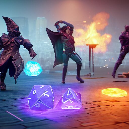 rol game players throwing d 2 0 dice. unreal engine 5. octane render. vray. arnold. maya. 1 8 mm lens. low angle, wide lens. trending on artstation. vegas. depth of field. colorful. d & d. 