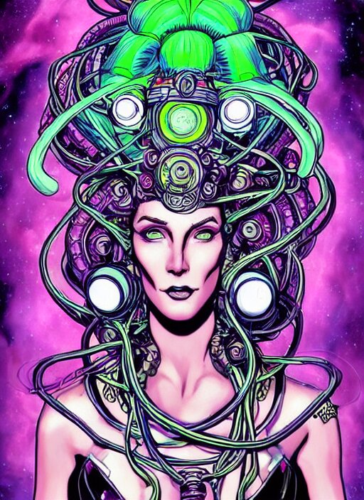 Perfectly-centered vibrant portrait-illustration of a very beautiful and puzzled looking nebulapunk cyberpunk Medusa with symmetrical facial features with a very and accurately symmetrically drawn-out body, in the style of an epic golden age sci-fi comic book cover in an awesome pose wearing a really cool cyberpunk outfit, with lots of really large ravepunk bio-luminiscent snakes as her hair that go all around and above her, next to a tall cybernetic tower with lots of glowing buttons. Super highly detailed, professional and intricate professionally made HDR digital artwork, RPG portrait, digital airbrush painting, extreme illustration, concept art, smooth, maximalist, dreamscape, Rococo, surreal dark art, cosmic horror, lovecraftian style, Aetherpunk, cinematic, Hyperdetailed, hyperrealistic, enchanting, otherworldly, arthouse, sinister mood, cosplay, sense of awe, Exquisite award winning picture, glowing rich colors, ethereal backlight background, 300 DPI, 8k resolution, HD quality, cinema 4d, 3D, 3d final render, 3d shading, unreal 5, octane render, 3D rim light, dynamic lighting, atmospheric lighting, iridiscent background accents, golden ratio, psychedelic highlights, dramatic shadows, 
anamorphic lens, sharp focus, trending on Gsociety, trending on ArtstationHQ, trending on deviantart, neon-noir bokeh, professionally post-processed, wide-angle action dynamic portrait