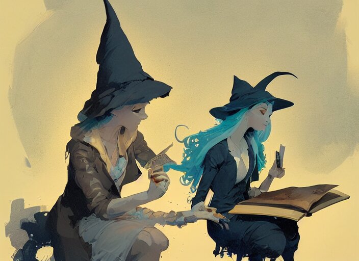 a little witch opening a book of magic art by craig mullins, james gilleard, by joe fenton, by greg rutkowski, by greg tocchini, by kaethe butcher, 4 k resolution, gradient yellow, black, brown and cyan color scheme, grunge aesthetic!!! 