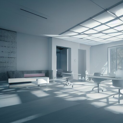 a white empty pink office with sun rays looming down, with a pool inside, dynamic lighting, photorealistic concept art, trending on art station, stunning visuals, creative, cinematic, ultra detailed, ray tracing 