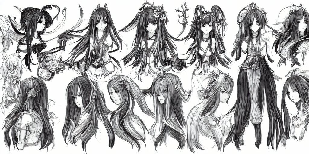 anime woman, long hair, fantasy theme, front side/back/view character sheet, three views, lineart, varying thickness, manga pen, traditional art, Indian ink, in the style of Final Fantasy IX, 3D modeling concept sheet, white background, orthographic view