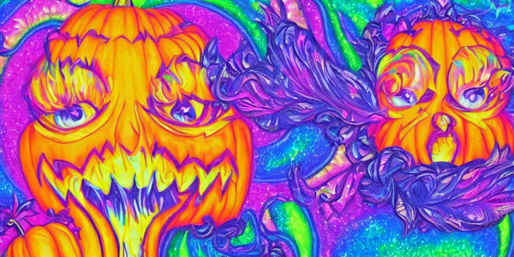 lisa frank painting carved pumpkin faces, textured canvas, kawaii holographic, detailed facial expression, surrealism aesthetic 