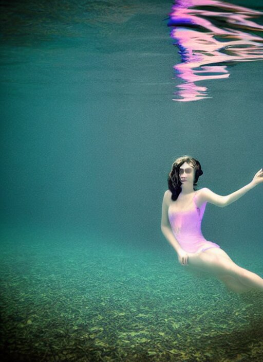 girl in a long dress swimming underwater, caustics, surreal underwater photography