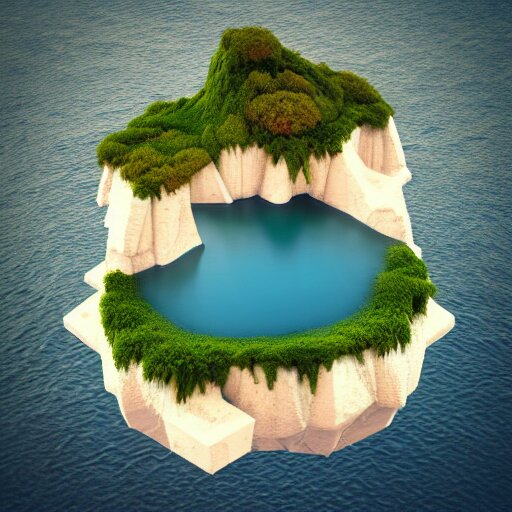 a floating island on an aquatic environment isometric art, lago di sorapis landscape, low poly art, game art, artstation, 3D render, high detail, cgsociety, octane render