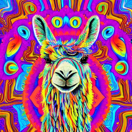 psychedelic, photorealistic, colorfully llama in a maximalist style on a background that fades to black 